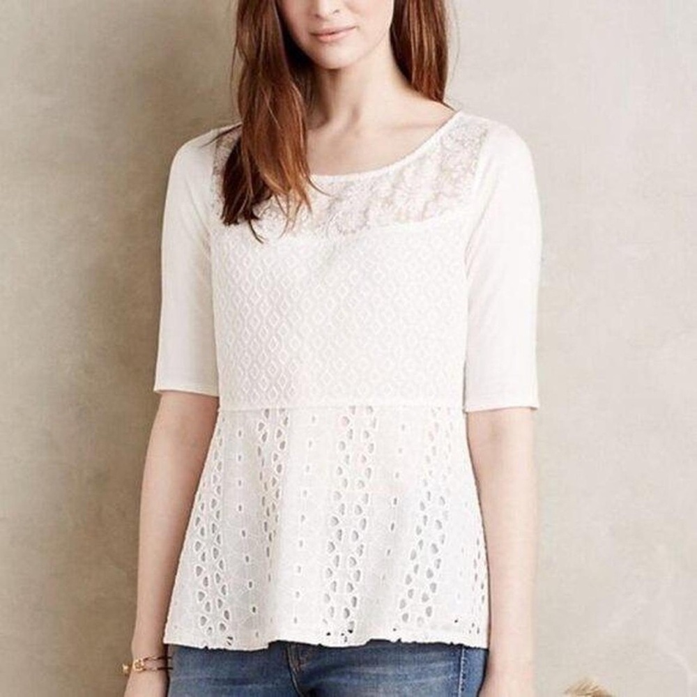 Tiny Anthropologie White Peplum Blouse S 3/4 Sleeve Feminine Boho Top Size M
